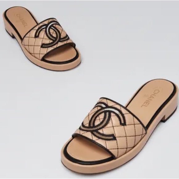 Chanel CC Interlocking Mesh Heeled Sandals in Beige AUTHENTIC - Picture 1 of 12